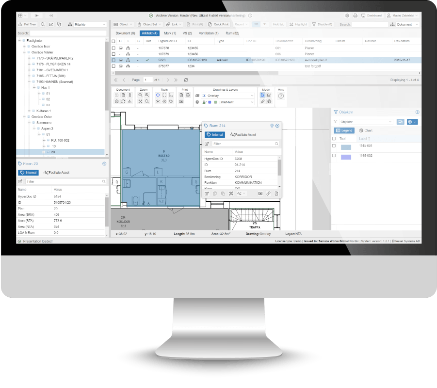 HDC FM desktop interface with navigation tree, document list, floor plan and room properties