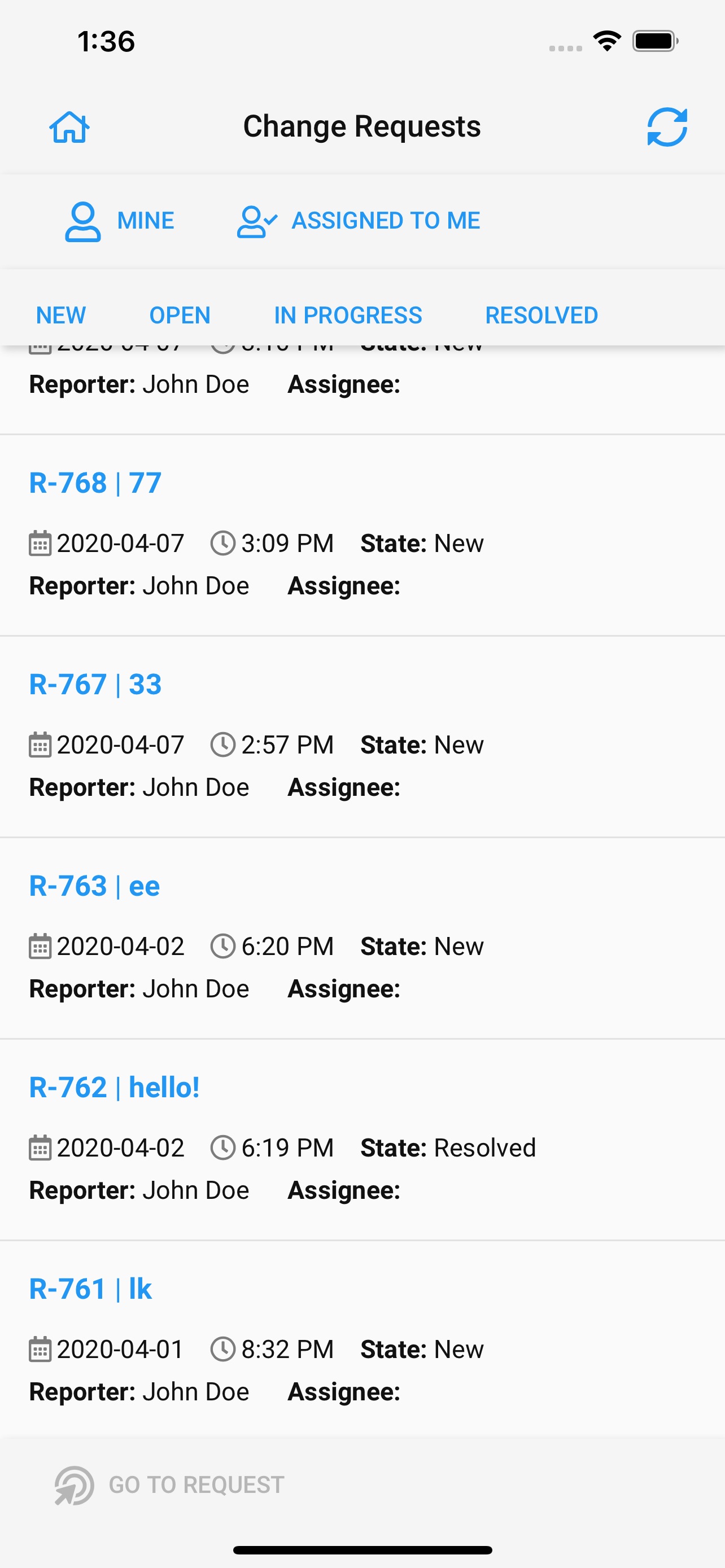 HDC FM Mobile list of change requests filtered by status