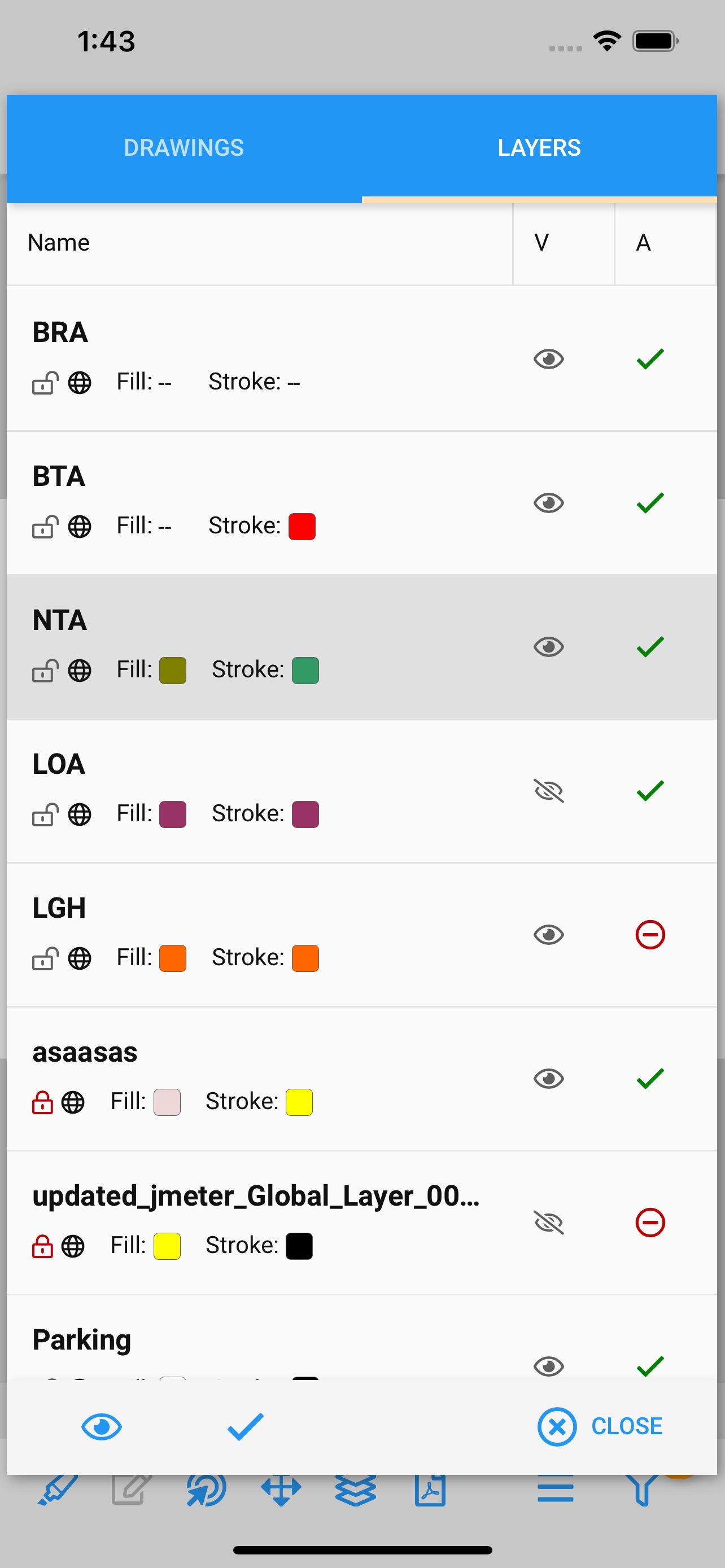HDC FM Mobile layer panel showing visibility and fill colours for area layers